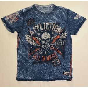 VTG USA Made Affliction American Customs T Shirt Skull Blue Tie Dye M Y2K Biker